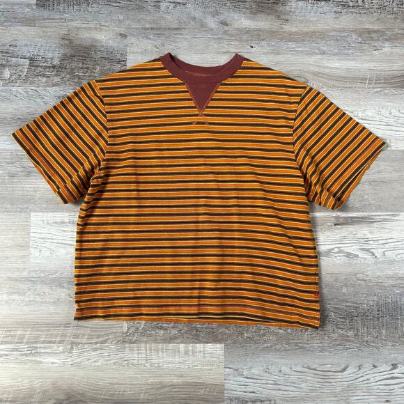 BDG Striped Cotton Knit Tee Mustard Maroon Retro Crewneck T-Shirt Size S - Picture 1 of 9